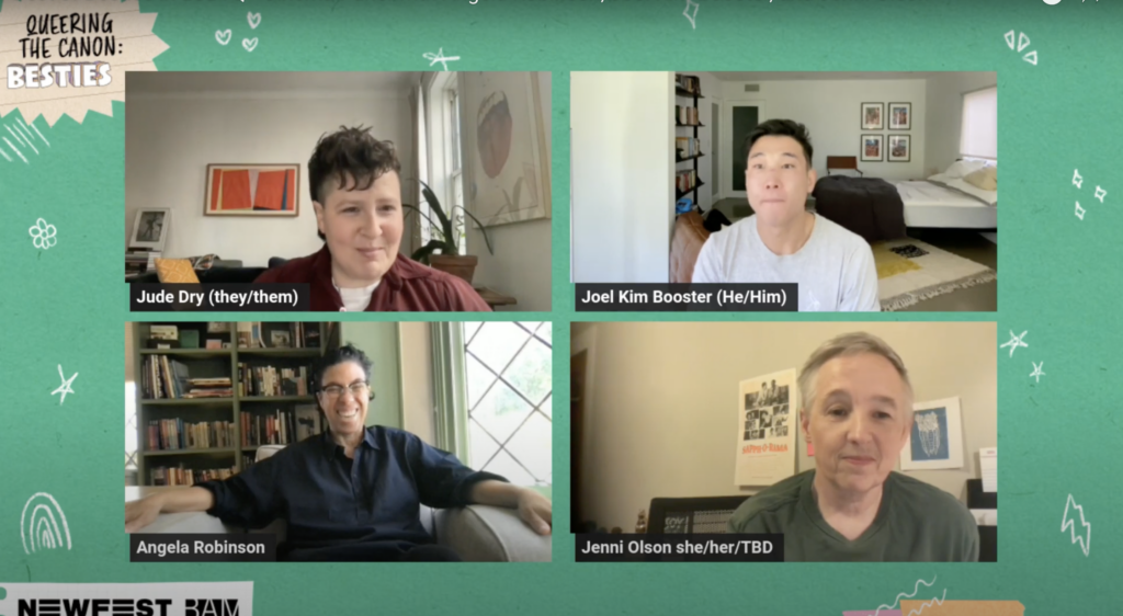 Four people on a zoom smile against a green background.